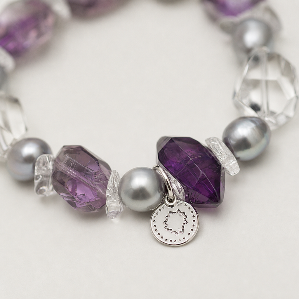 Amethyst & Clear Quartz Bracelet natural materials and silver workmanship close-up