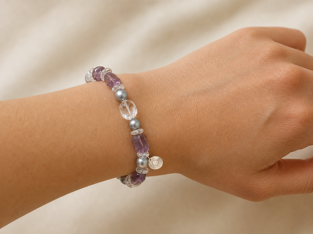 Amethyst & Clear Quartz Bracelet worn on model at realistic scale