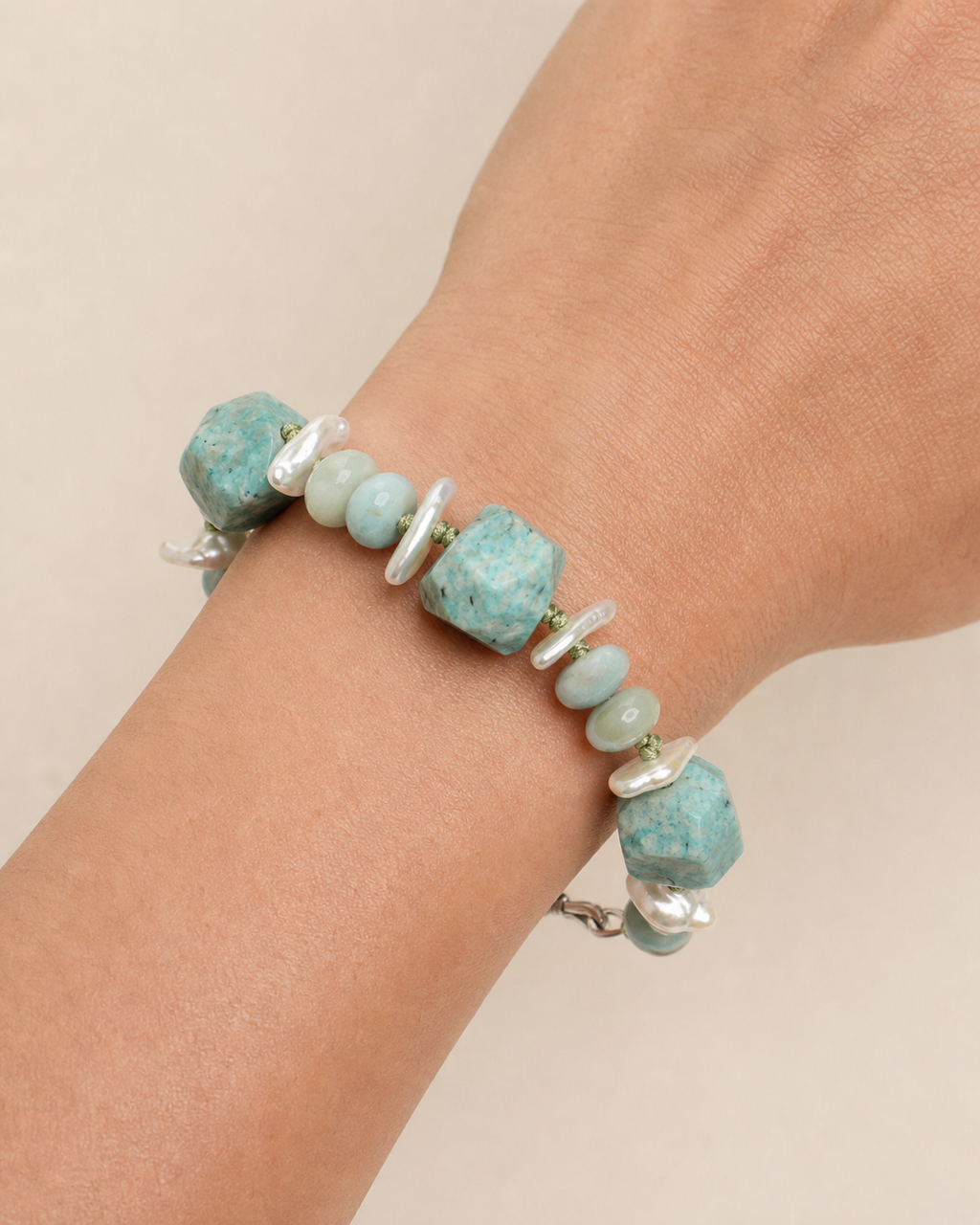 Baroque Pearl Bracelet worn on model at realistic scale
