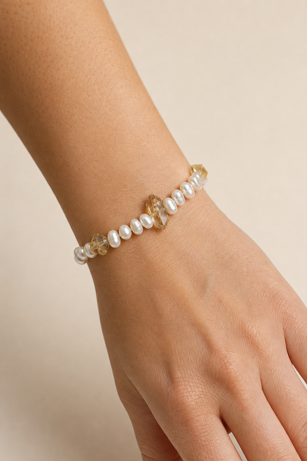 Baroque Pearl Bracelet worn on model at realistic scale