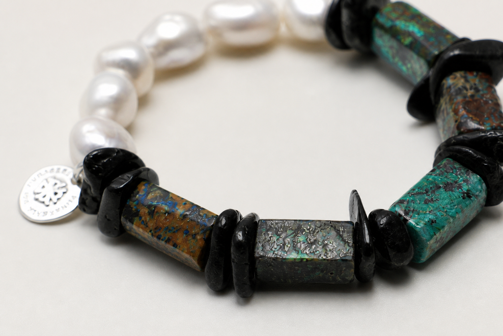 Black Tourmaline Bracelet natural materials and silver workmanship close-up