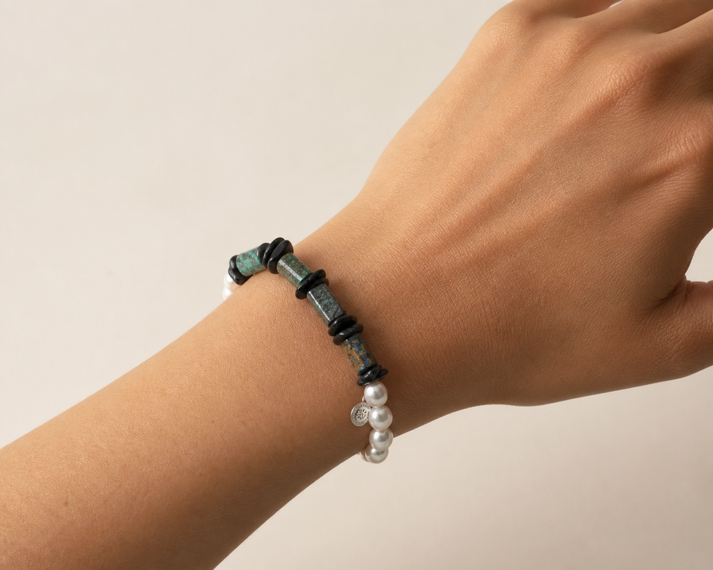 Black Tourmaline Bracelet worn on model at realistic scale