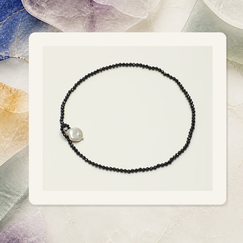 Black Tourmaline Moon Pearl Necklace