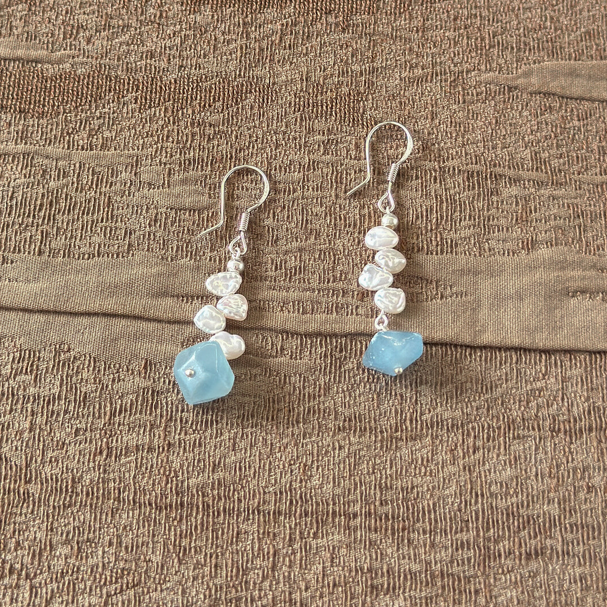 Blue Bead & Baroque Pearl Drop Earrings - product photograph