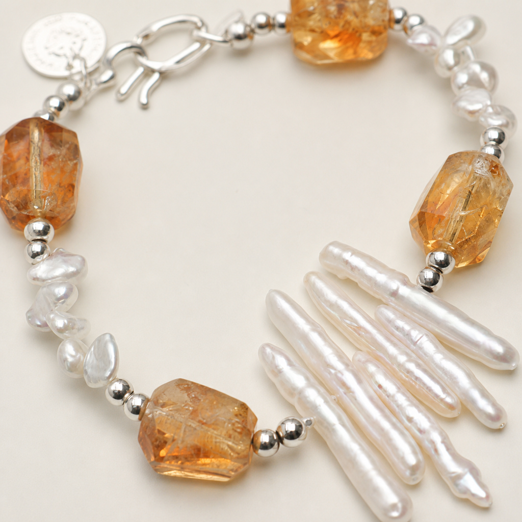 Citrine & Baroque Pearl Bracelet natural materials and silver workmanship close-up