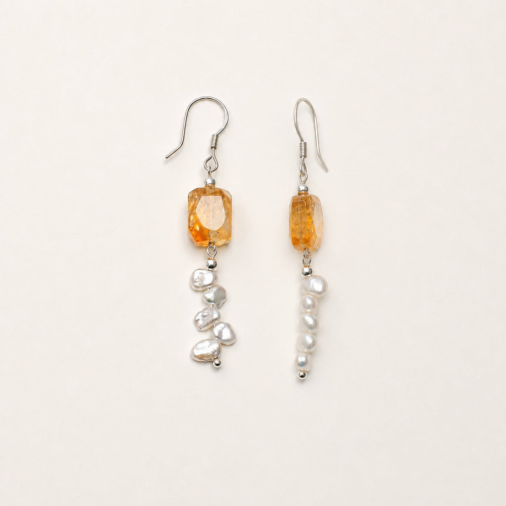 Citrine and baroque pearl earring pair shown from front and side angles