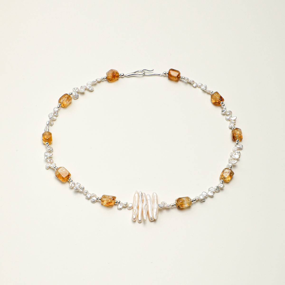 Citrine & Baroque Pearl Necklace - Elongated Pearl Detail - product photograph