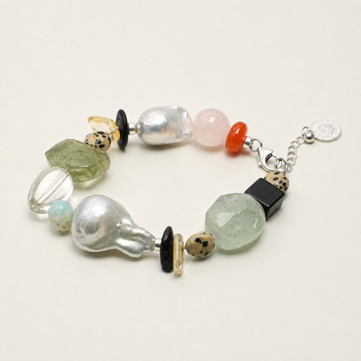 Citrine and clear quartz freeform bracelet shown from an alternate angle with clasp visible