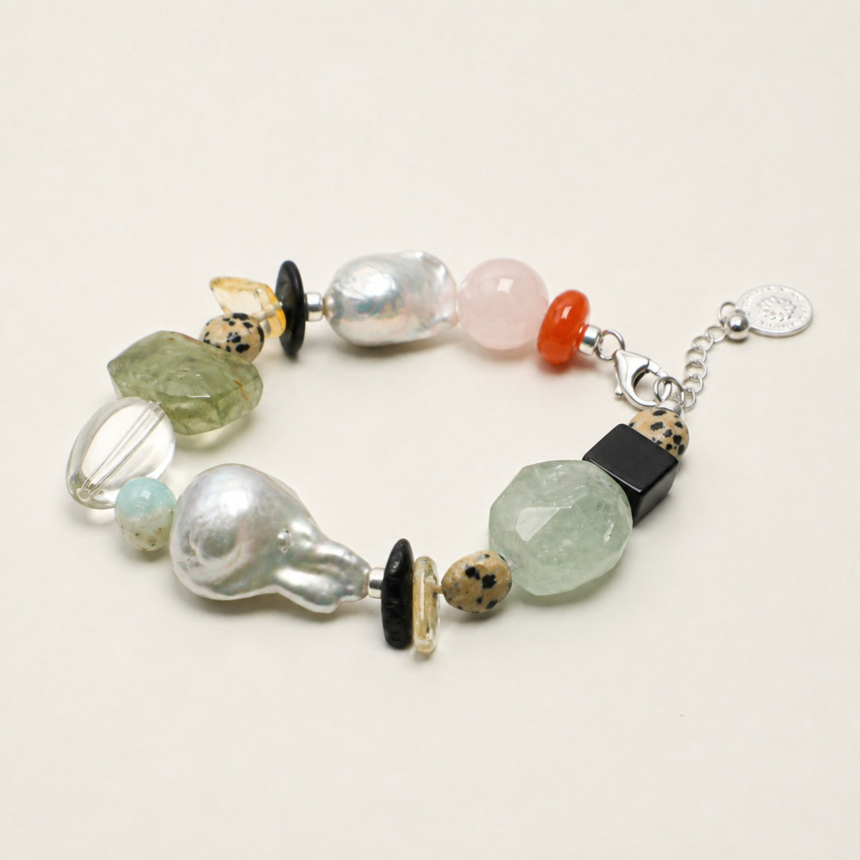 Citrine and clear quartz freeform bracelet shown from an alternate angle with clasp visible