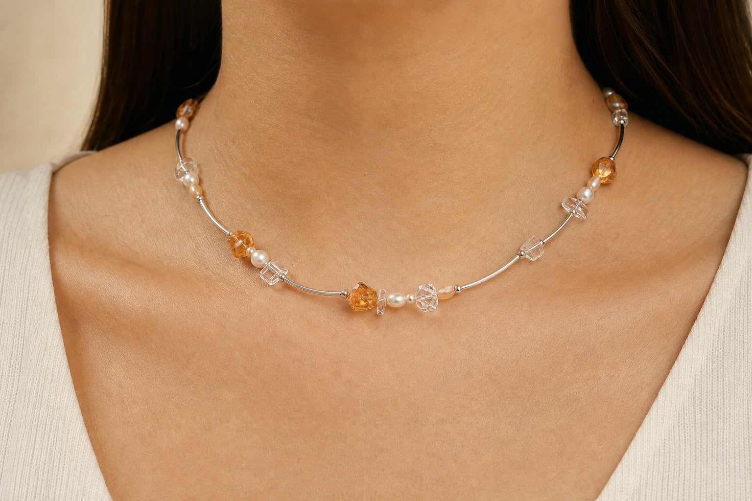 Citrine, clear quartz and pearl necklace worn around the neck at realistic 46 cm scale
