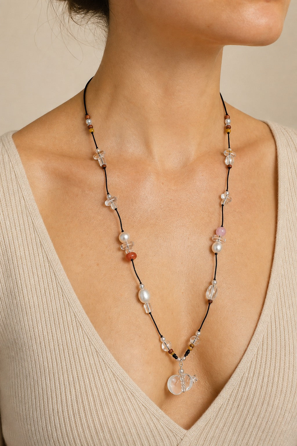 Citrine, clear quartz and rose quartz necklace worn around the neck at realistic 80 cm scale