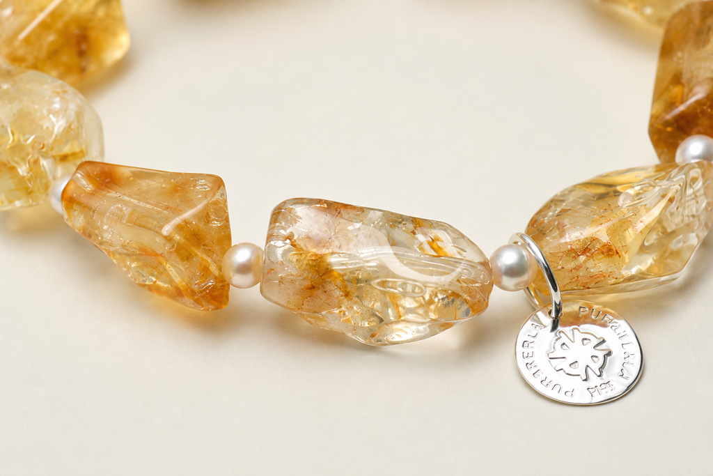 Citrine & Freshwater Pearl Bracelet natural materials and silver workmanship close-up