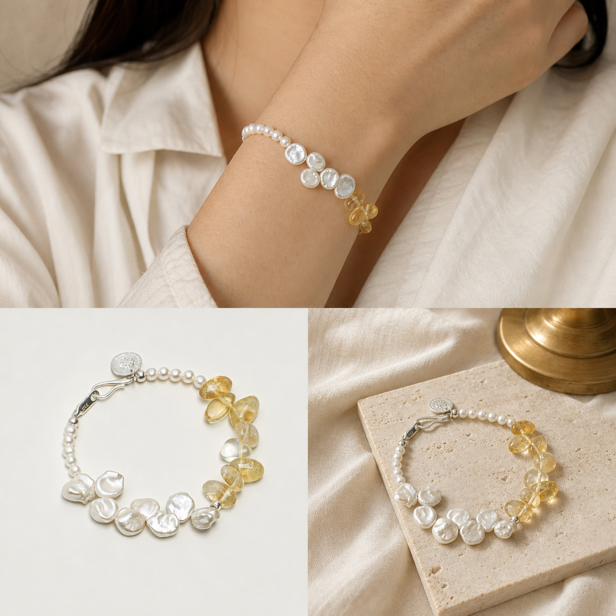 Citrine Freshwater Pearl Bracelet PS2508329 worn, macro detail and atmospheric scene