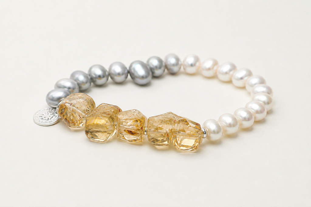 Citrine and grey pearl bracelet alternate angle showing overall construction