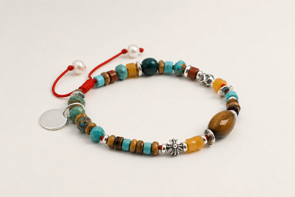 Citrine, malachite and tiger's eye bracelet shown from a low alternate angle