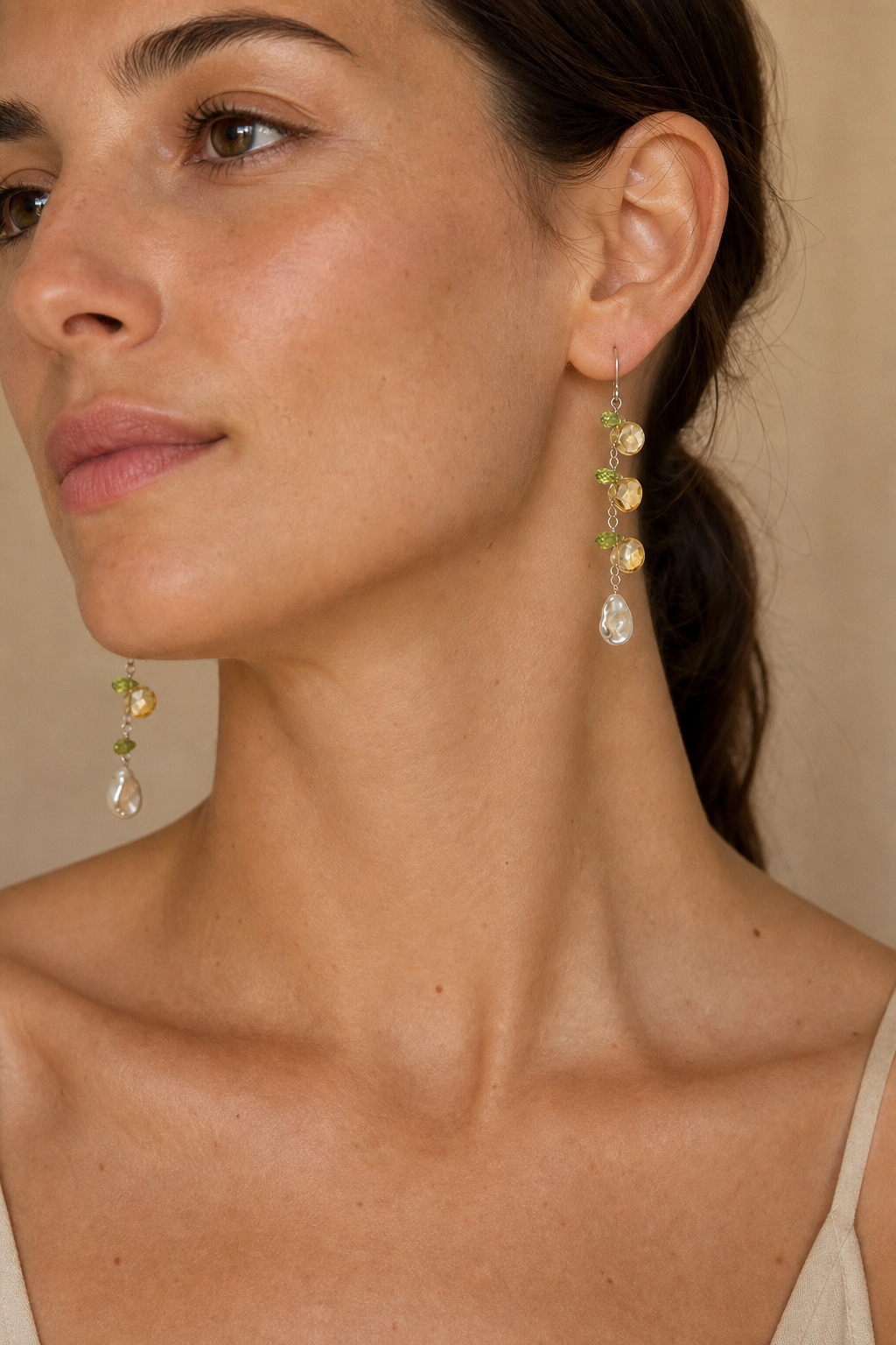Model wearing Golden Tassel Citrine & Peridot Drop Earrings