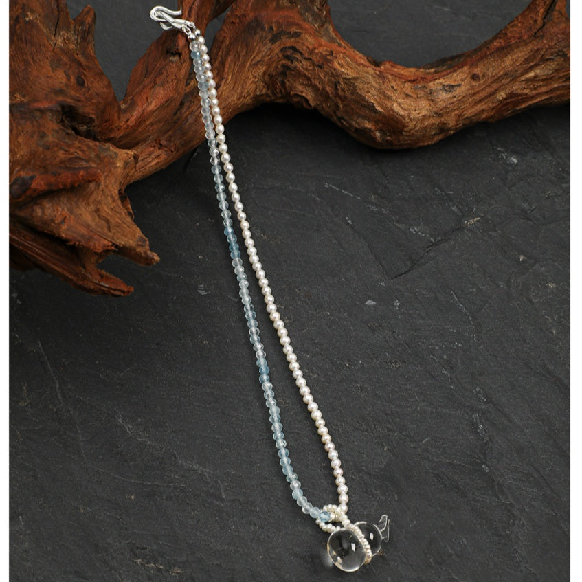 Clear Quartz & Aquamarine Necklace – Seed Bead, Sterling Silver