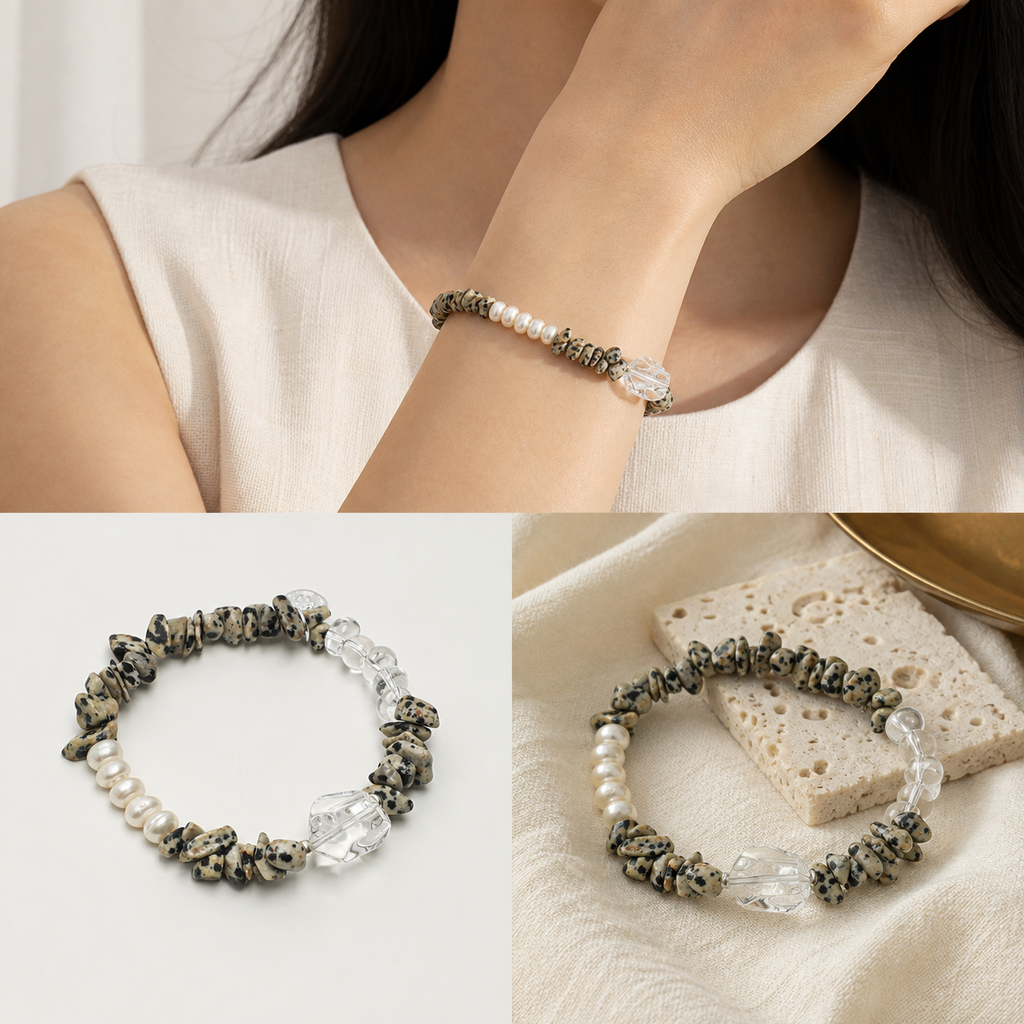 Clear Quartz Bracelet PS2508330 worn, macro detail and atmospheric scene
