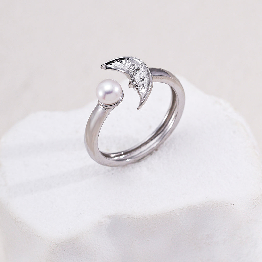 Silver-tone crescent moon and pearl open ring
