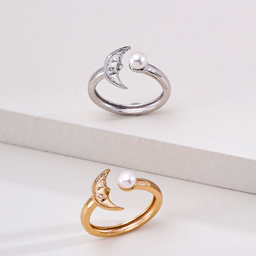 Crescent moon pearl rings in silver and vintage gold tones