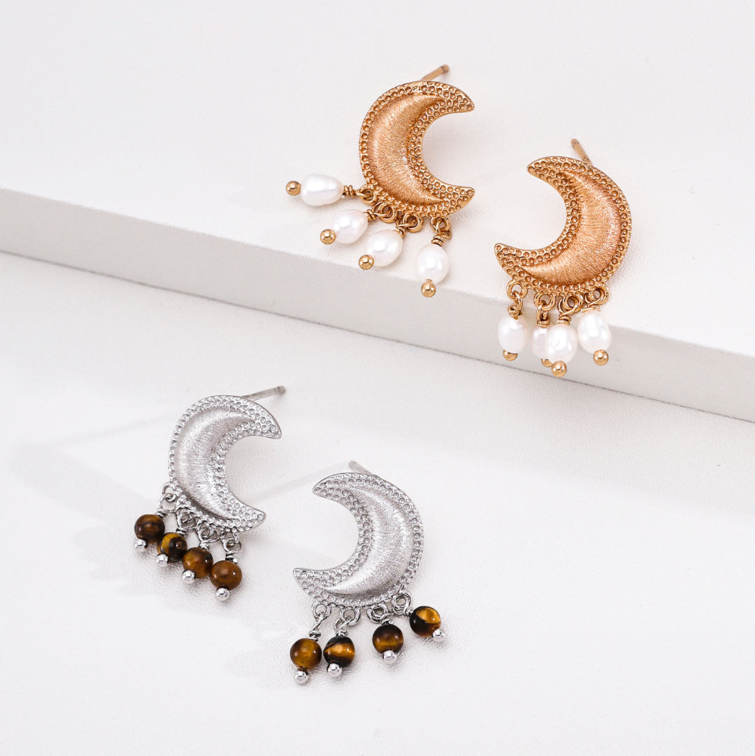 925 Sterling Silver Crescent Moon Pearl & Tiger's Eye Earrings