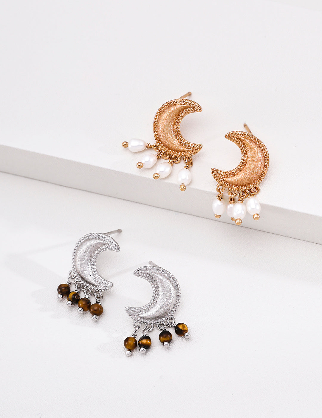 Crescent moon earrings with pearl or tiger's eye drops