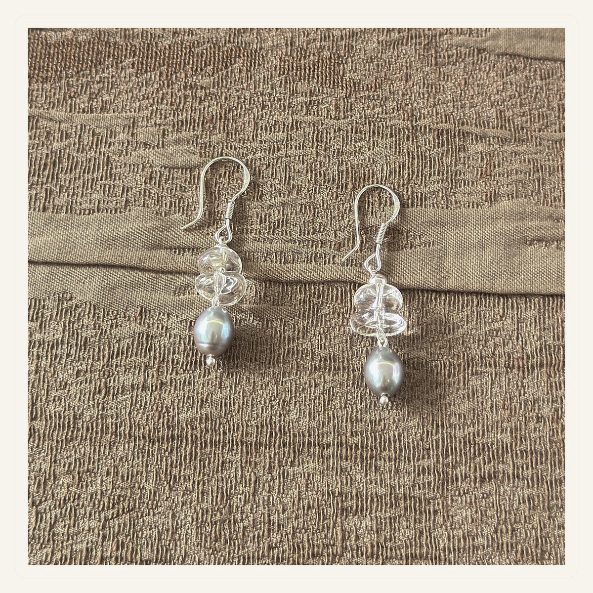 Crystal Grey Pearl Drop Earrings product view on a clean neutral background