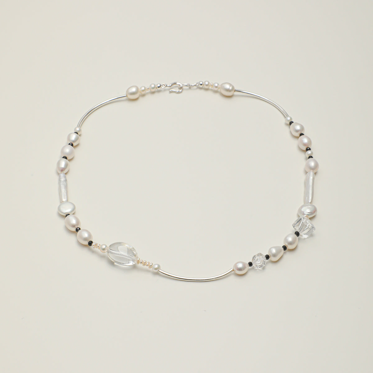 Freshwater Pearl & Black Tourmaline Necklace - Silver Tubes - product photograph