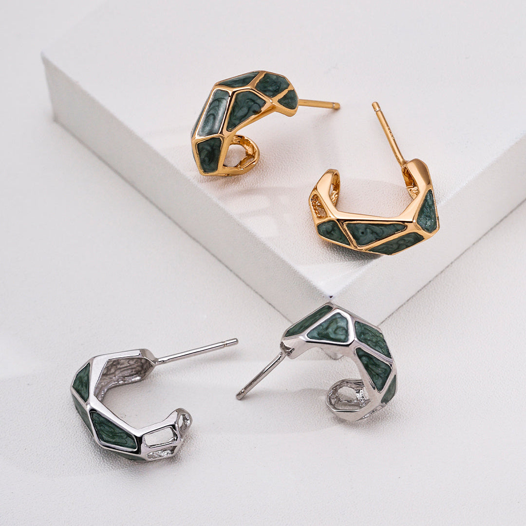 Green Enamel Geometric Hoop Earrings — product and styling view; other jewellery sold separately