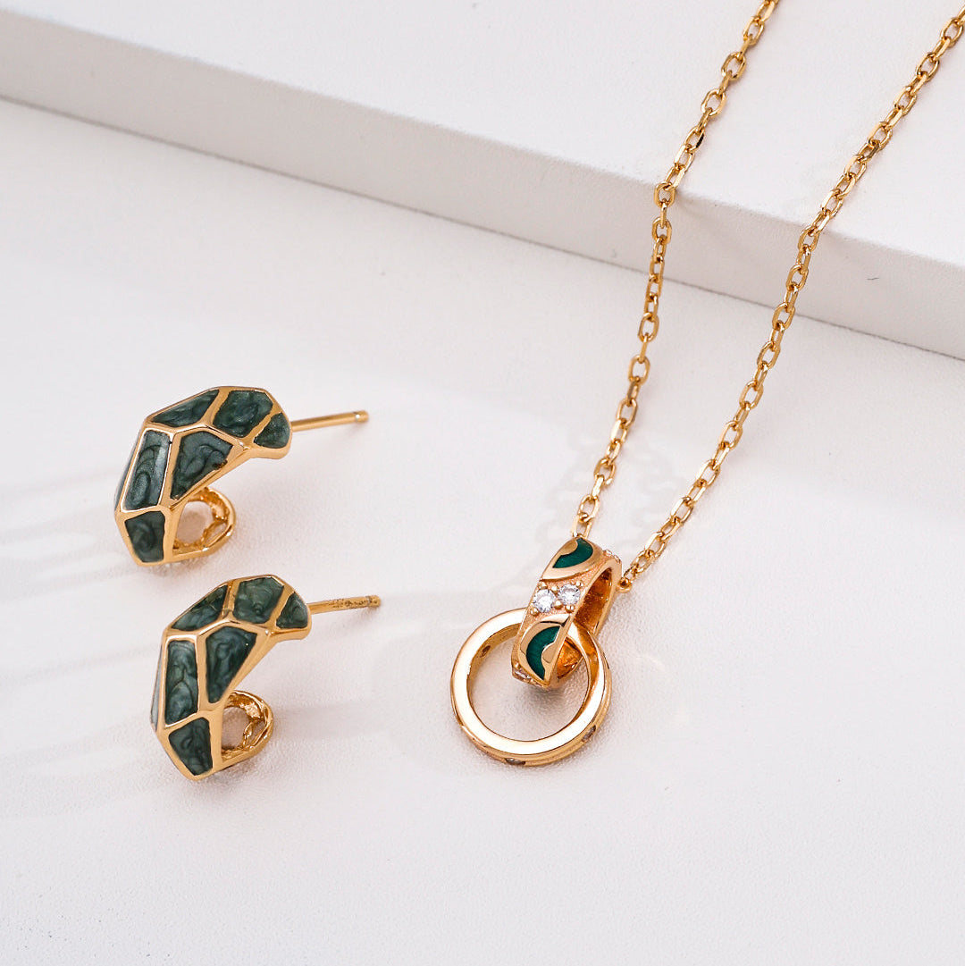 Green Enamel Geometric Hoop Earrings — product and styling view; other jewellery sold separately