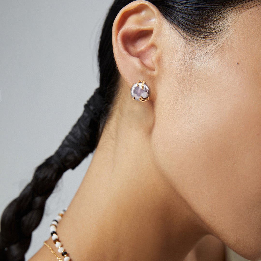 Grey Pearl Sculptural Stud Earrings — product and styling view; other jewellery sold separately