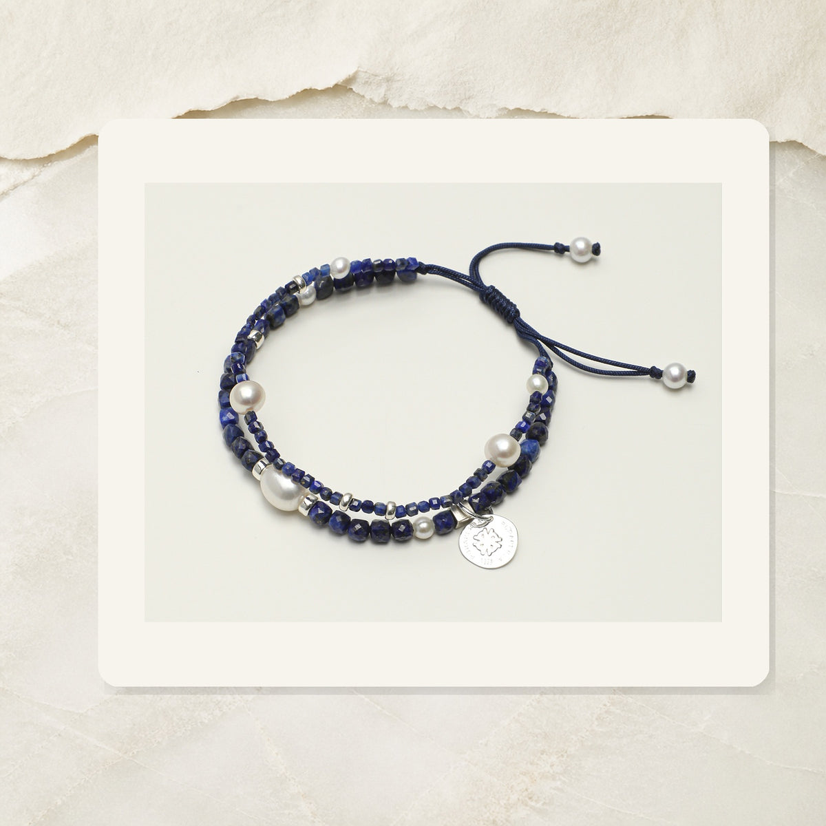 Editorial product view of Indigo Mist Lapis Pearl Double Bracelet