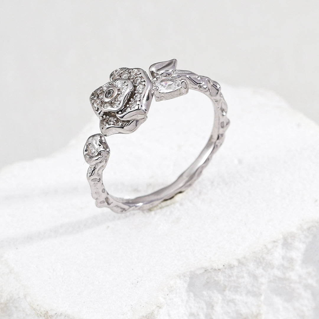 Platinum-tone camellia cubic zirconia open ring