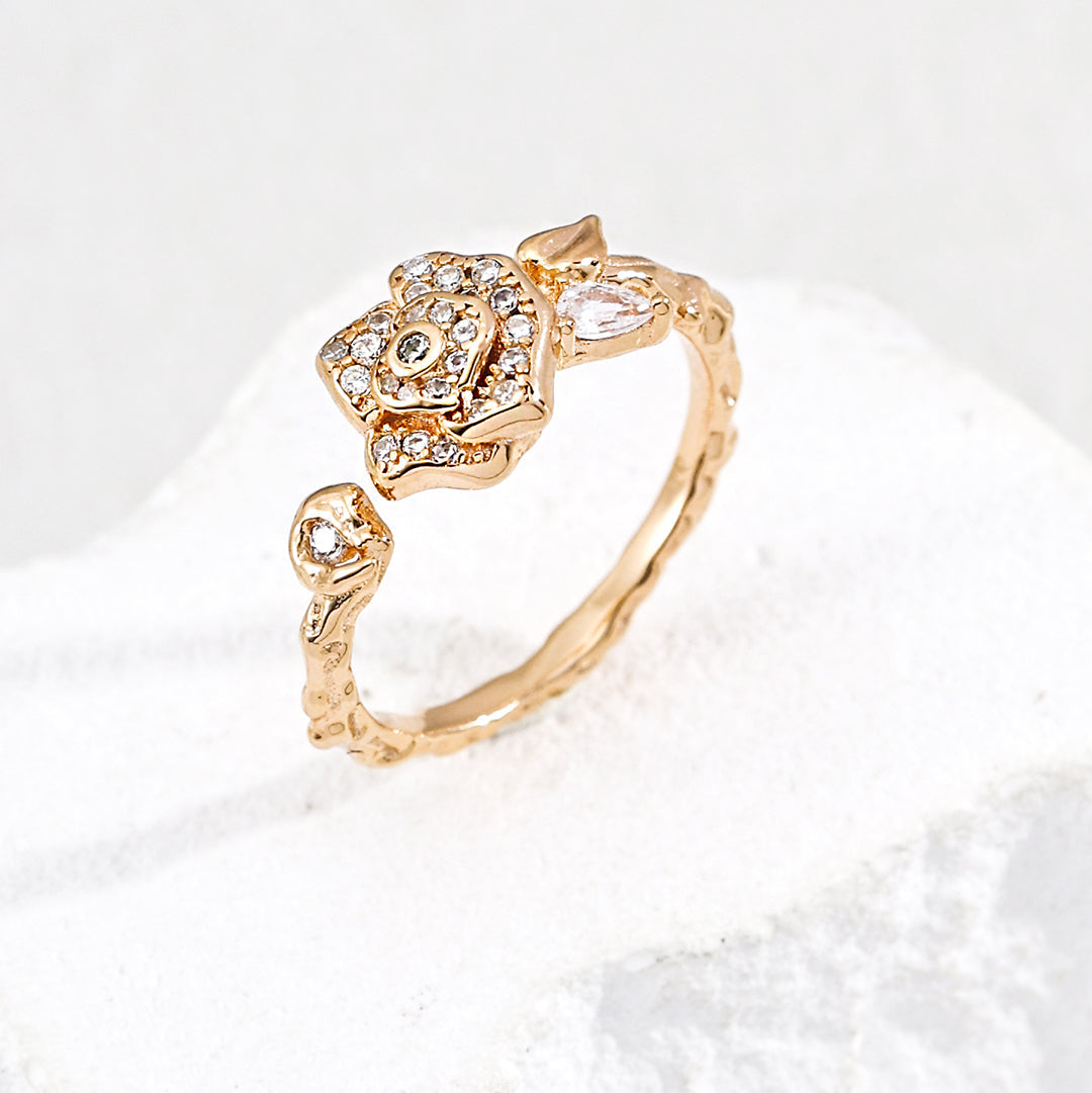 Antique gold-tone camellia cubic zirconia open ring
