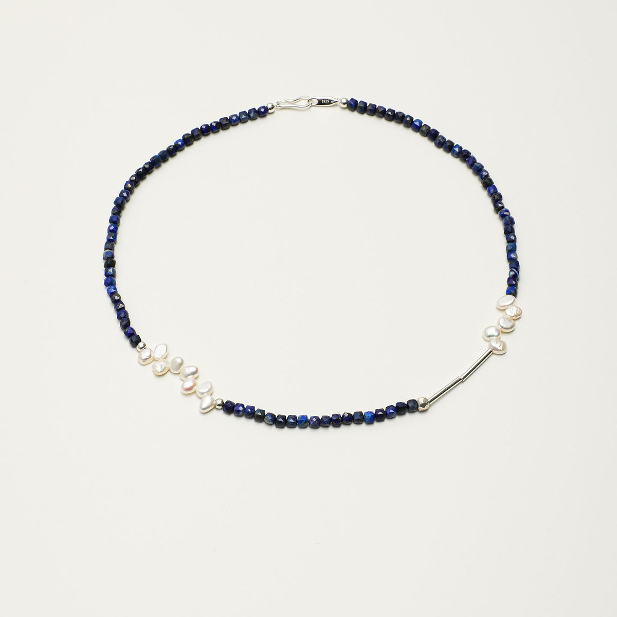 Lapis Lazuli & Baroque Pearl Necklace - Silver Bar Detail - product photograph