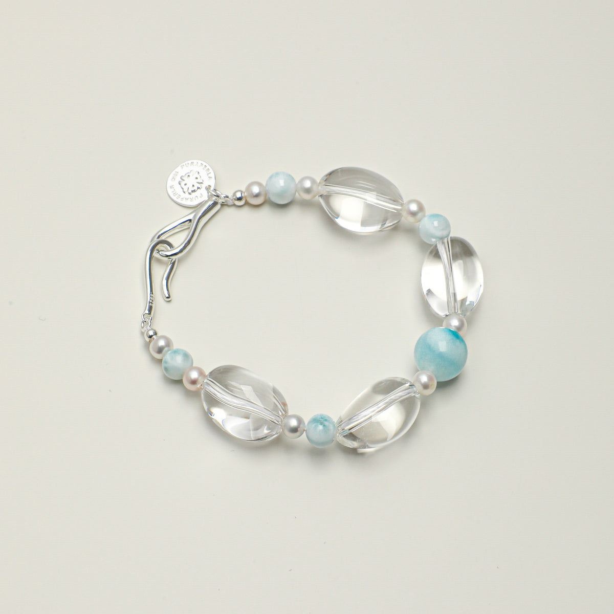 Larimar, Clear Quartz & Pearl Bracelet - Silver Hook - product photograph