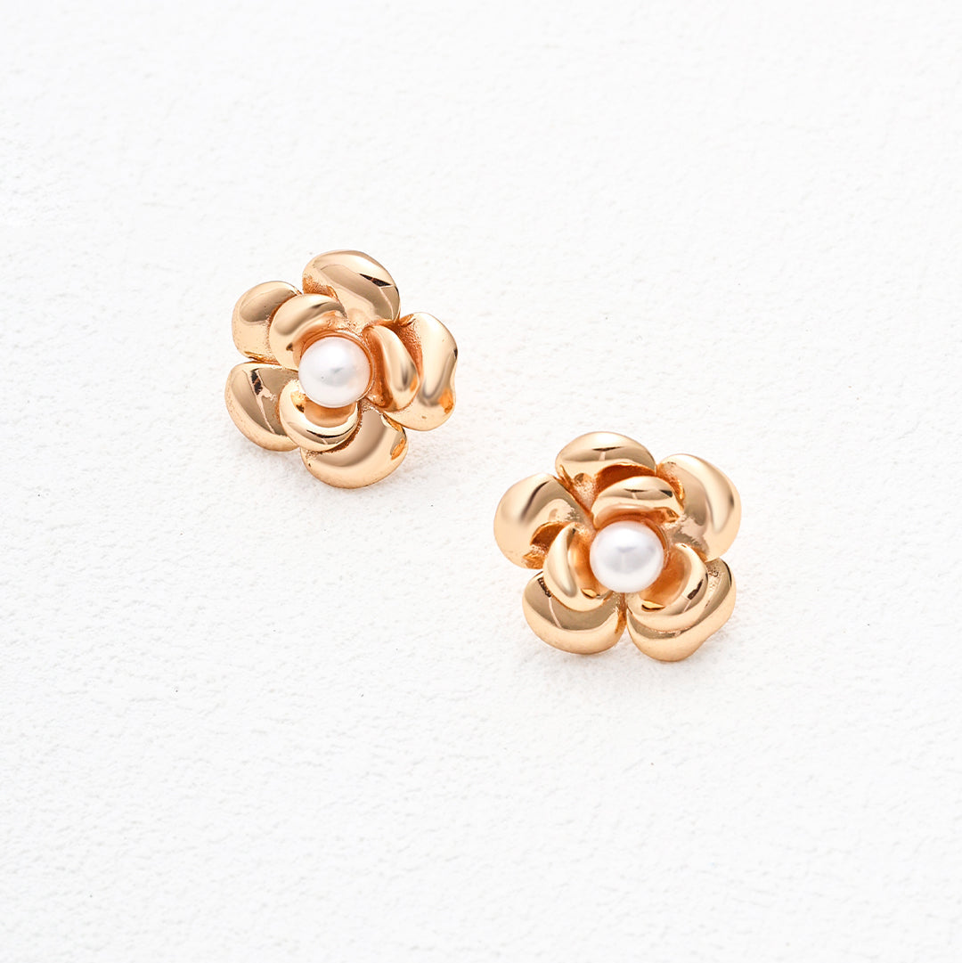 Layered Flower Pearl Stud Earrings — product and styling view; other jewellery sold separately