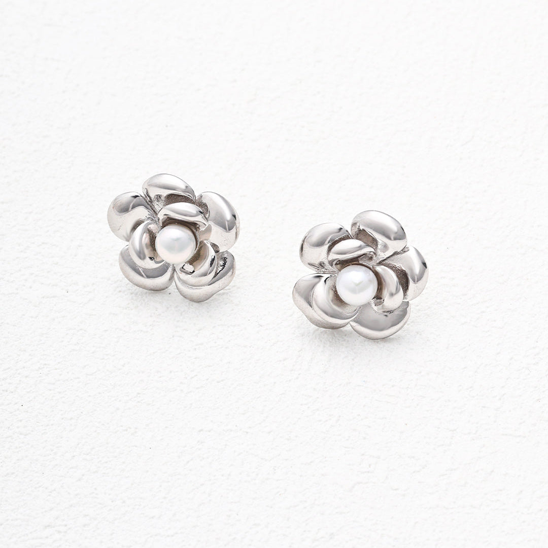 Layered Flower Pearl Stud Earrings — product and styling view; other jewellery sold separately