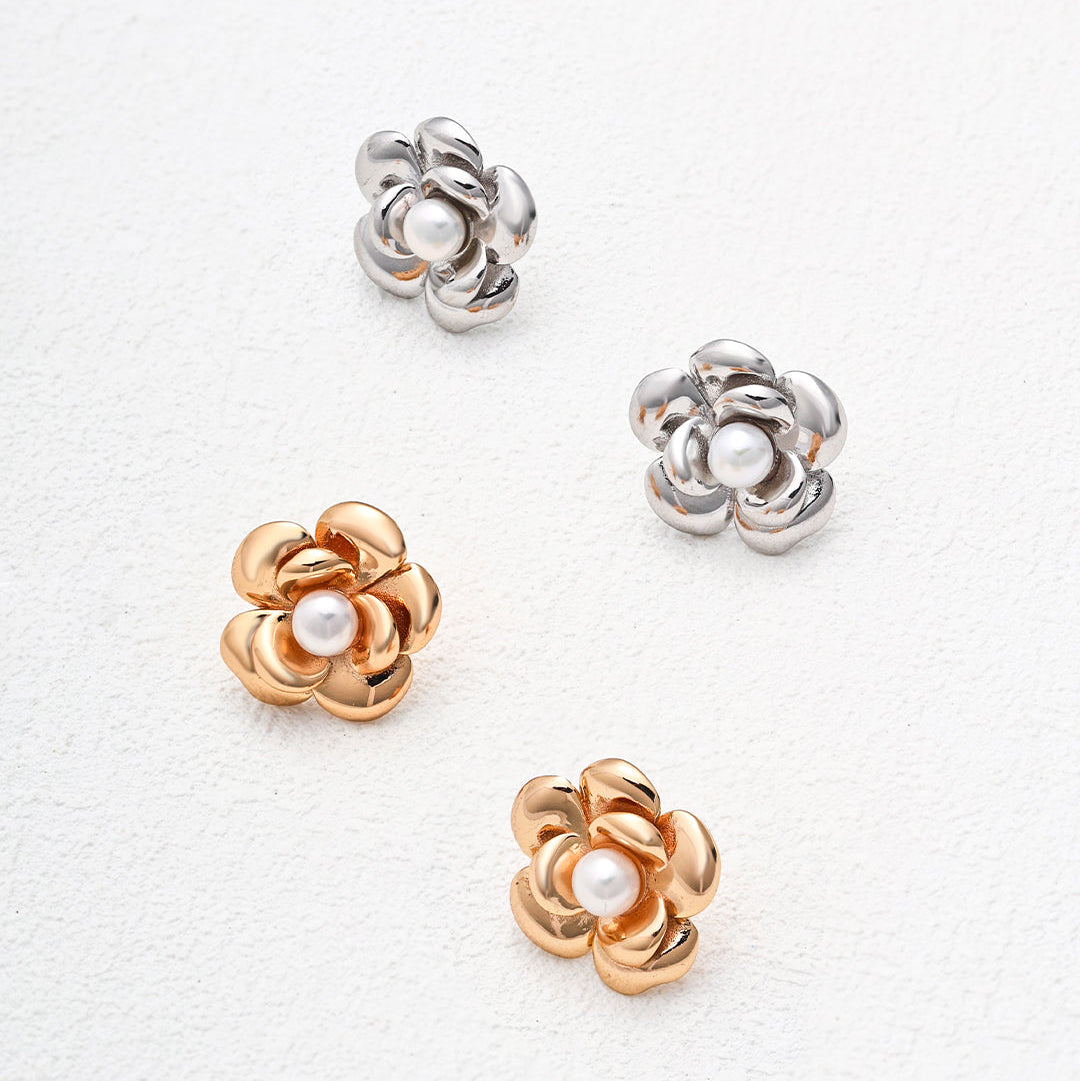 Layered Flower Pearl Stud Earrings — product and styling view; other jewellery sold separately