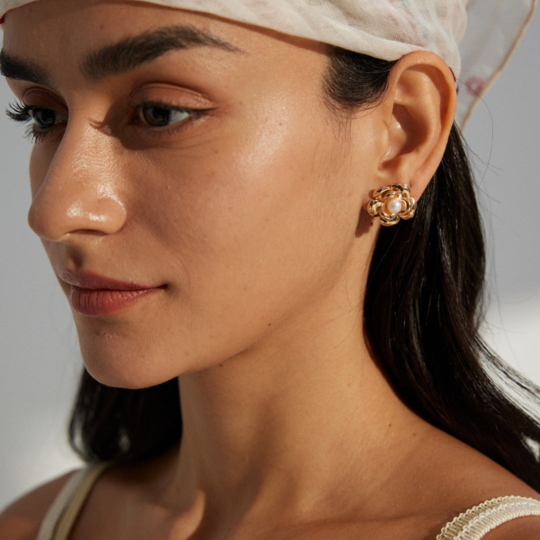 Layered Flower Pearl Stud Earrings — product and styling view; other jewellery sold separately
