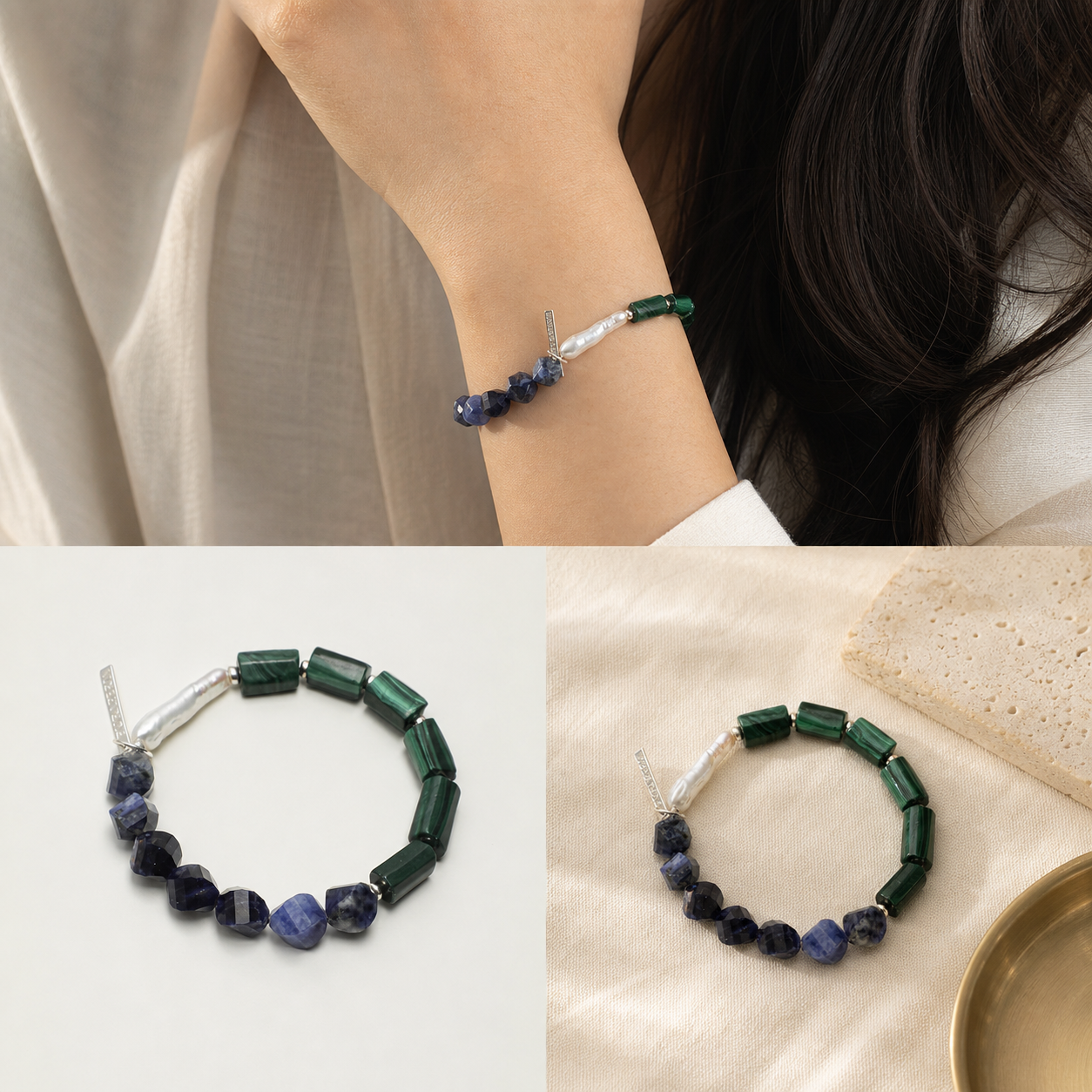 Malachite Freshwater Pearl Bracelet PS2508337 worn, macro detail and atmospheric scene