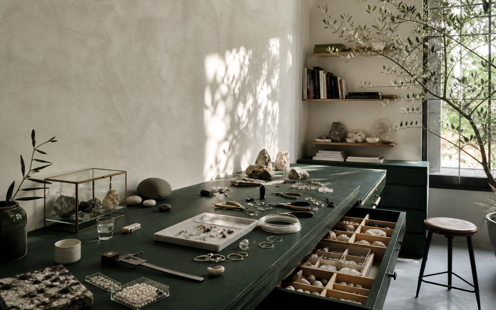 Contemporary independent jewellery studio with forest green worktable, natural materials and tools