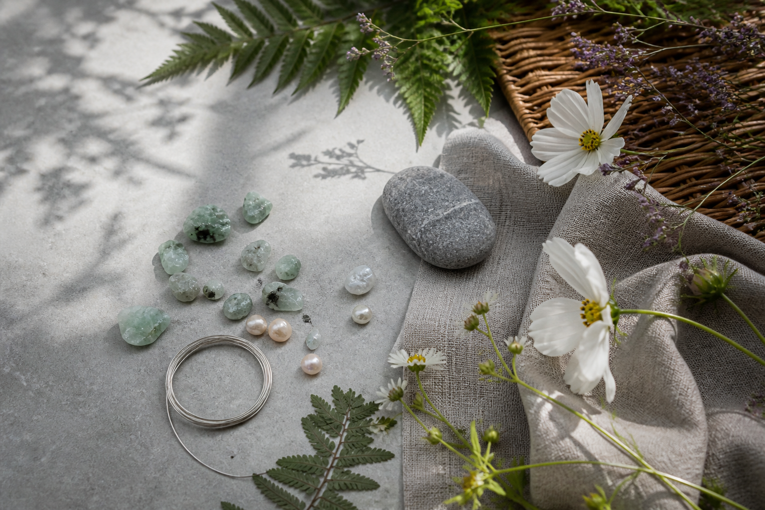 Wildflowers, loose natural stones, freshwater pearls and silver wire arranged on linen
