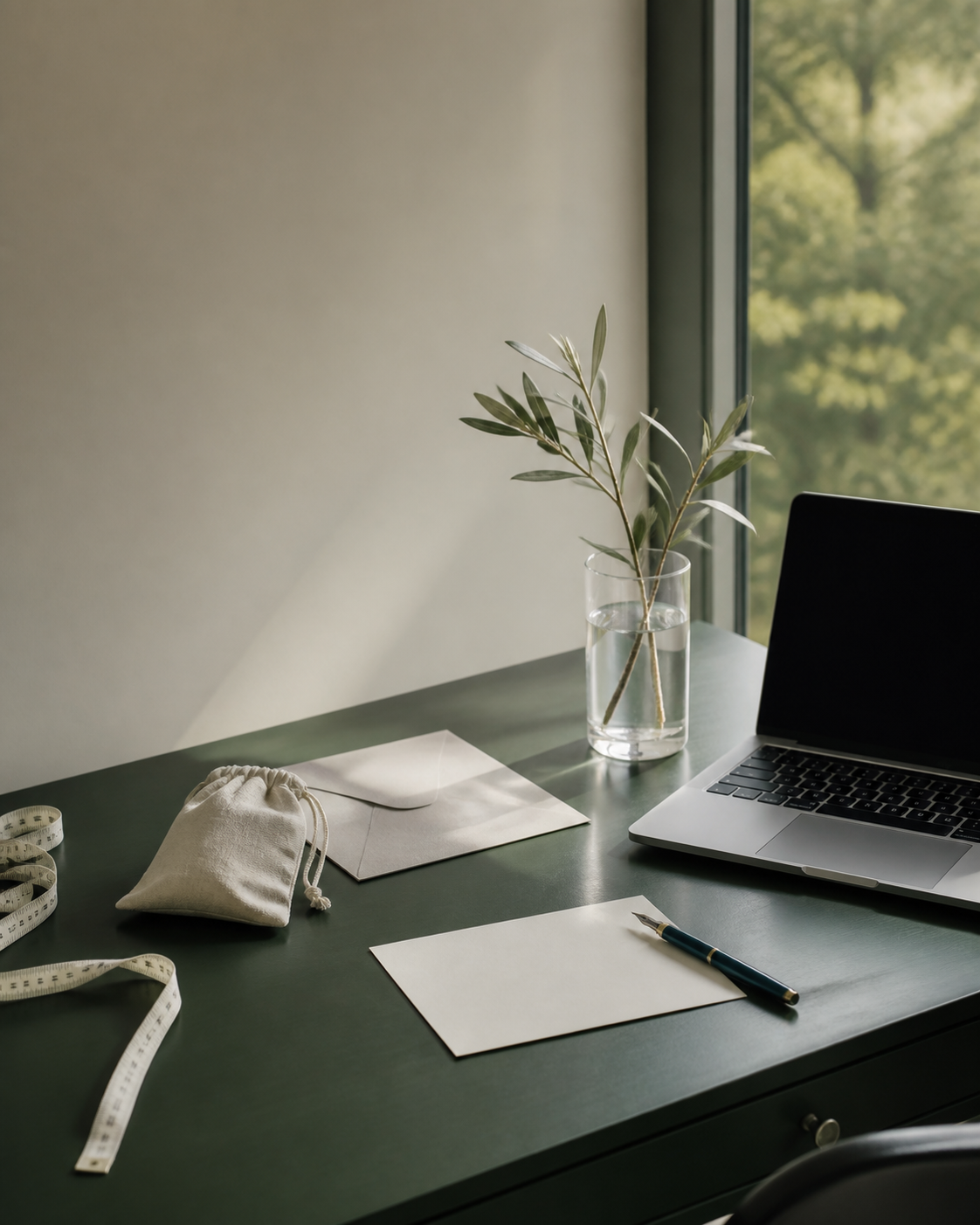 Calm customer service workspace with laptop, blank stationery, linen pouch and olive branch
