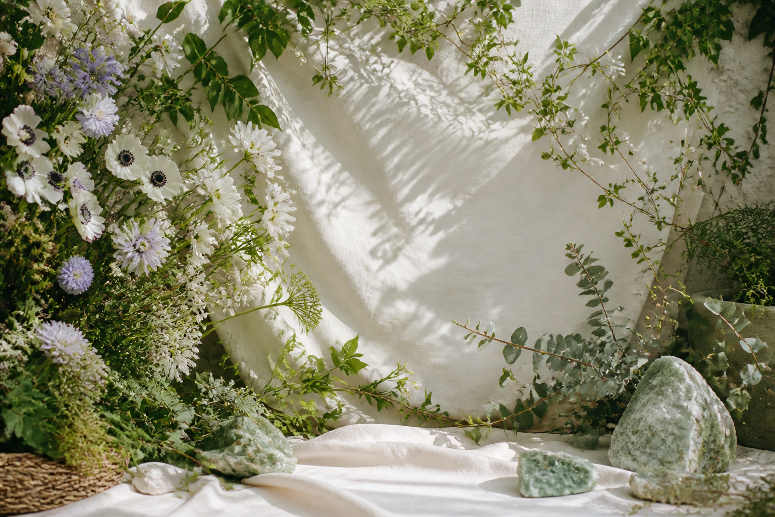 Wildflowers, trailing greenery and raw stones framing sunlit linen