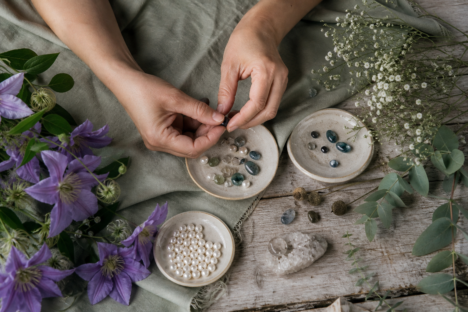 Hands selecting loose stones beside clematis, baby's breath and eucalyptus