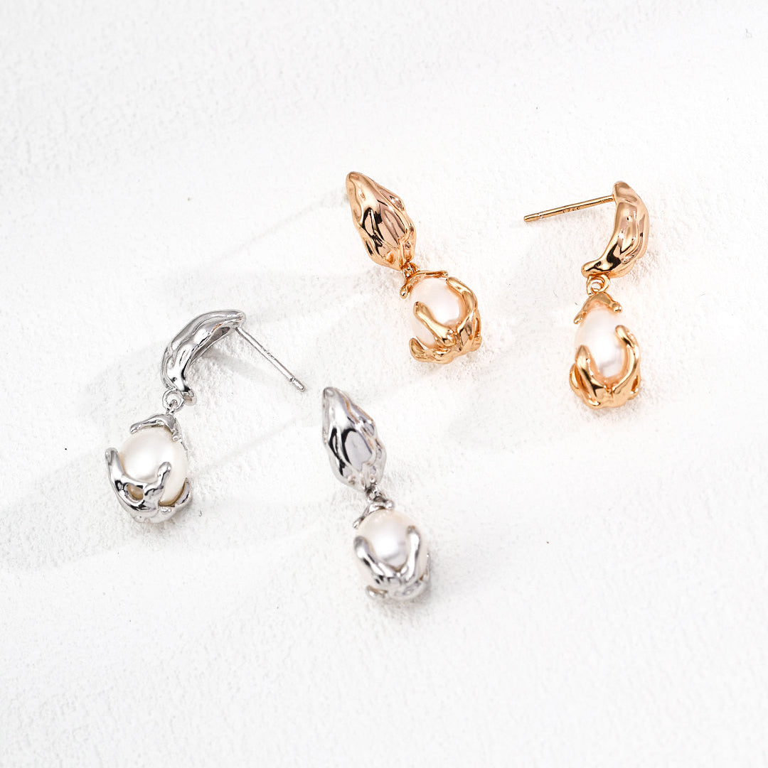 Molten Silver Pearl Drop Earrings — product and styling view; other jewellery sold separately