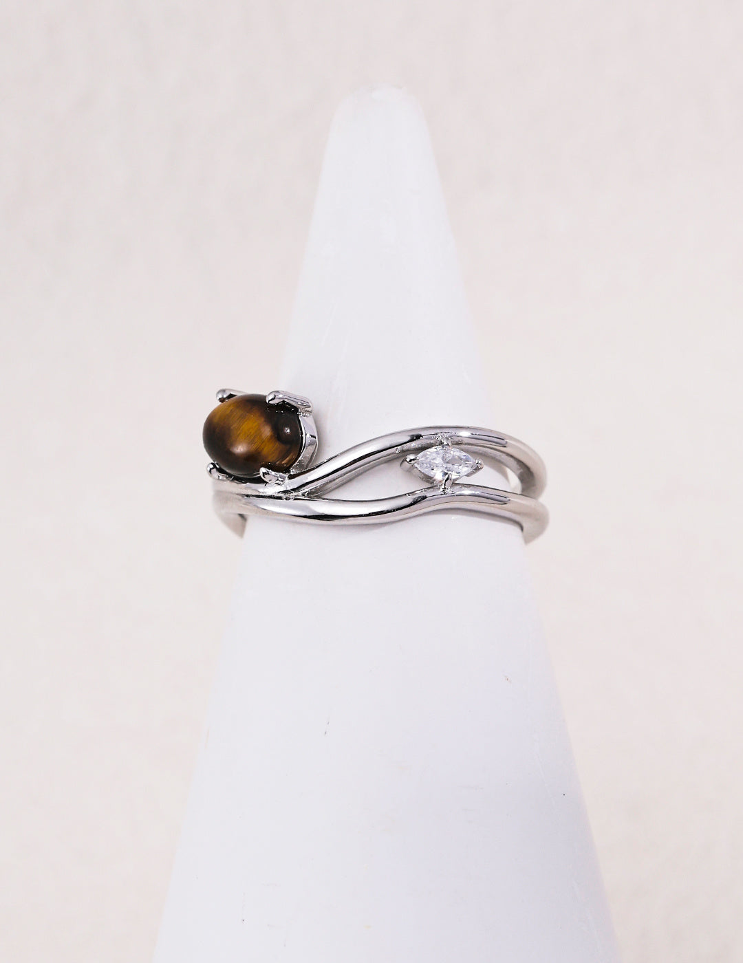 Tiger's eye oval crossover ring in silver-tone sterling silver