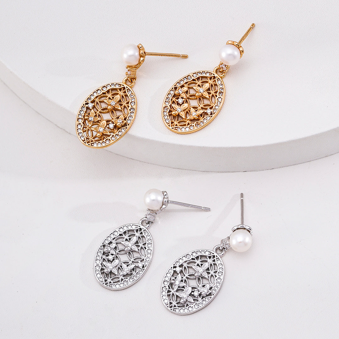 925 Sterling Silver Pearl & Floral Filigree Drop Earrings