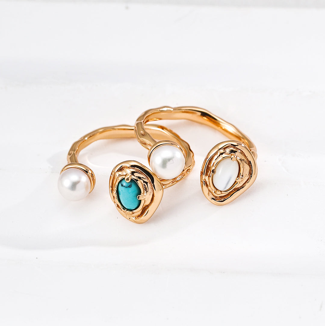 Vintage gold-tone open rings with pearl and turquoise or mother-of-pearl